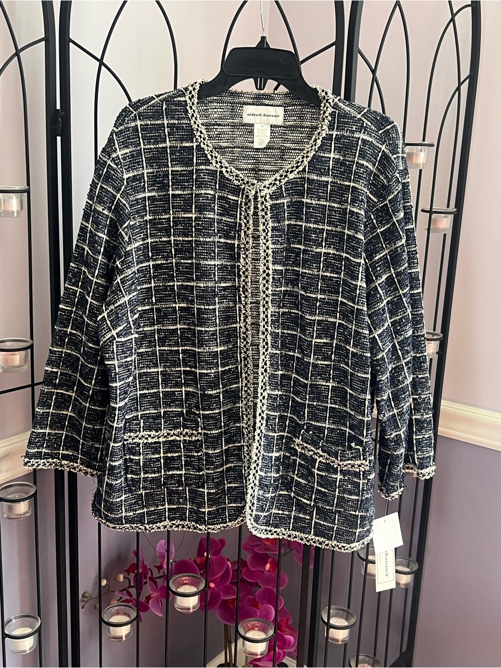 Alfred Dunner Black and White Windowpane Tweed Open Front Cardigan